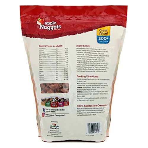 Back view of a bag of apple horse treats with nutritional information and ingredients.