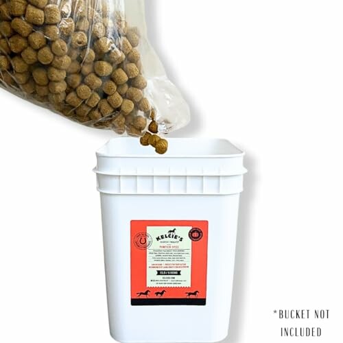 Dog food refill bag pouring kibble into white bucket.