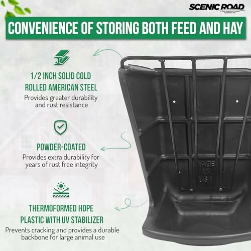 Image of a durable black storage bin for feed and hay, highlighting features like cold rolled American steel, powder coating, and HDPE plastic with UV stabilizer.