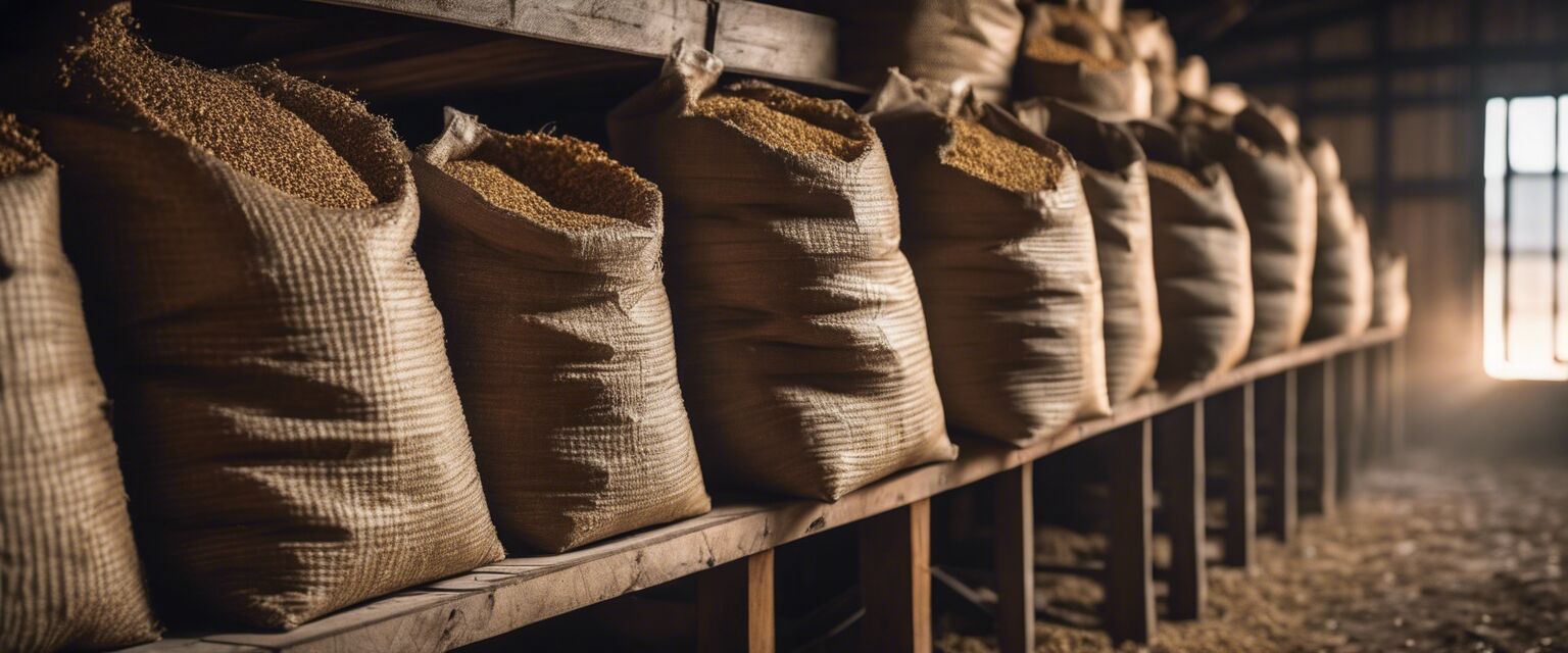 Horse feed bags on a shelf