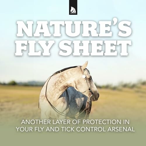 Horse wearing a fly sheet with text promoting fly and tick control.