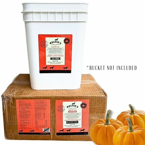 Large bucket of pet food supplement with pumpkins.